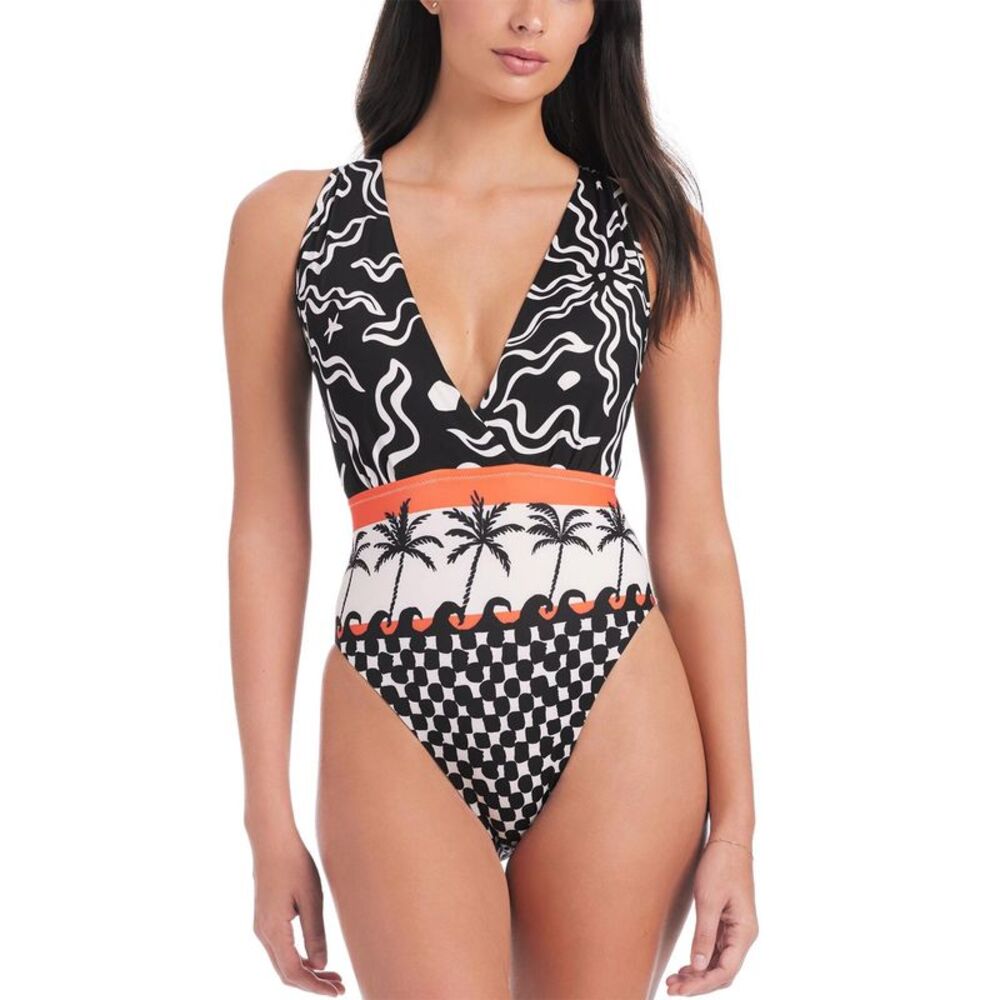 Sanctuary Womens Beach Conversations Plunge Mio One-Piece Swimsuit L Black - NWT